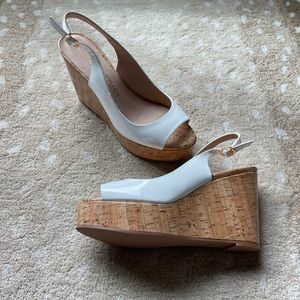 Stuart Weitzman white patent leather & cork wedges
